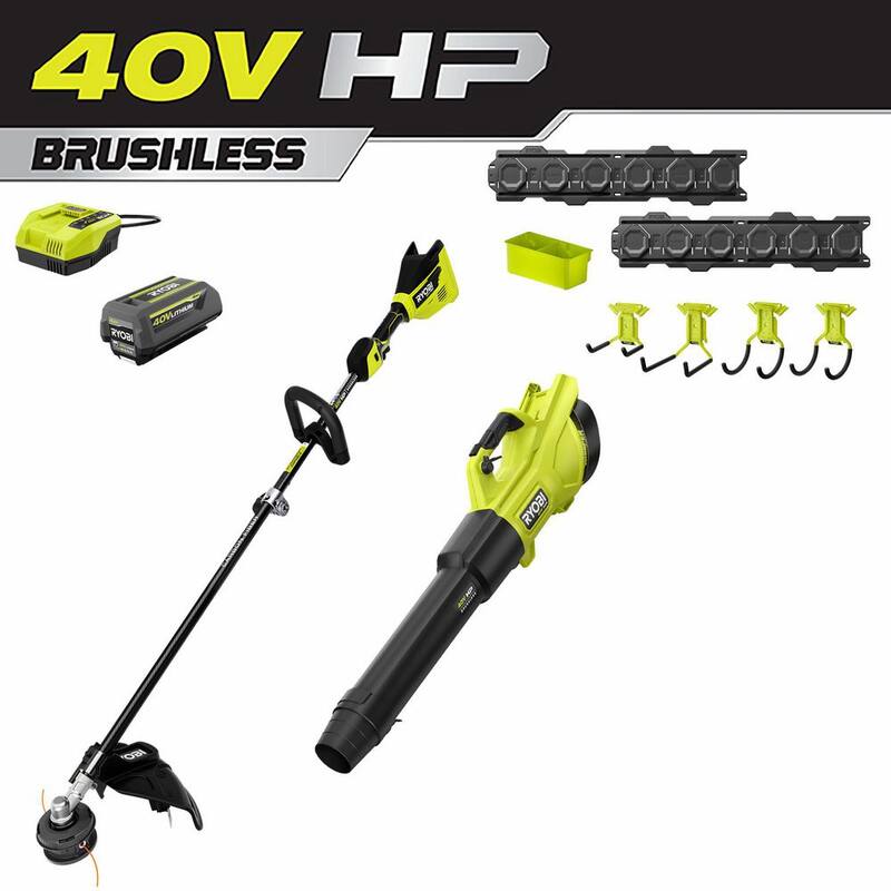 RYOBI 40V HP Brushless 600 CFM 155 MPH Blower & Carbon Fiber String Trimmer w/LINK Wall Storage Kit- 4.0 Ah Battery & Charger - RY40960-ST