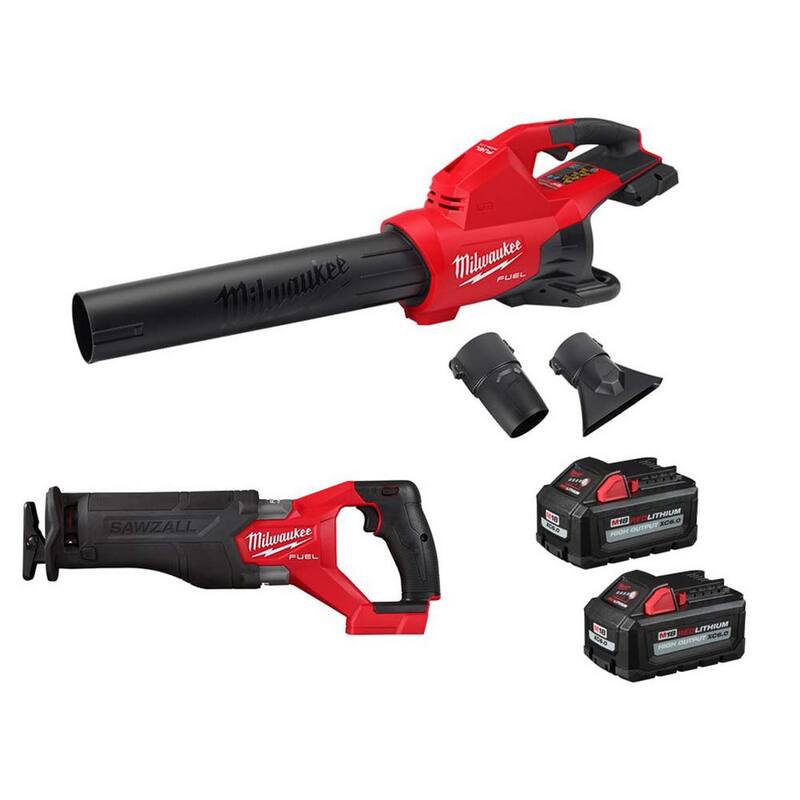 Milwaukee M18 FUEL Dual Battery 145 MPH 600 CFM 18V Brushless Cordless Blower w/SAWZALL Reciprocating Saw, (2) 6.0 Ah Batteries - 2824-20-2821-20-48-11-1862