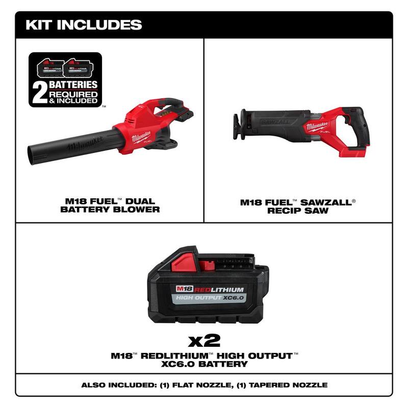 Milwaukee M18 FUEL Dual Battery 145 MPH 600 CFM 18V Brushless Cordless Blower w/SAWZALL Reciprocating Saw, (2) 6.0 Ah Batteries - 2824-20-2821-20-48-11-1862