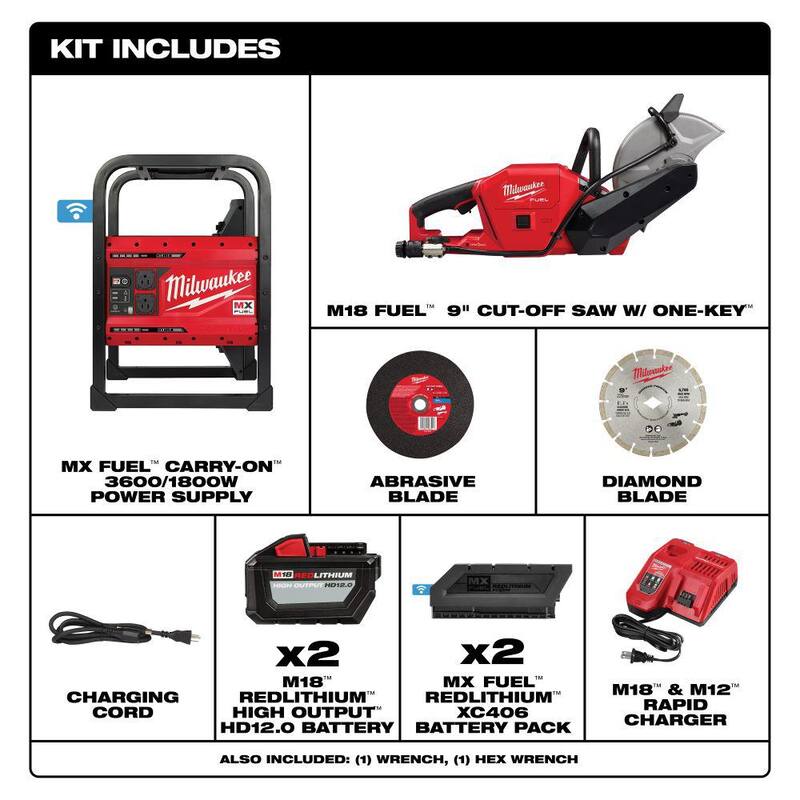 Milwaukee MX FUEL 3600-Watt/1800-Watt Battery Powered Push Start Generator with M18 FUEL ONE-KEY 9 in. Cut Off Saw Kit - MXF002-2XC-2786-22HD