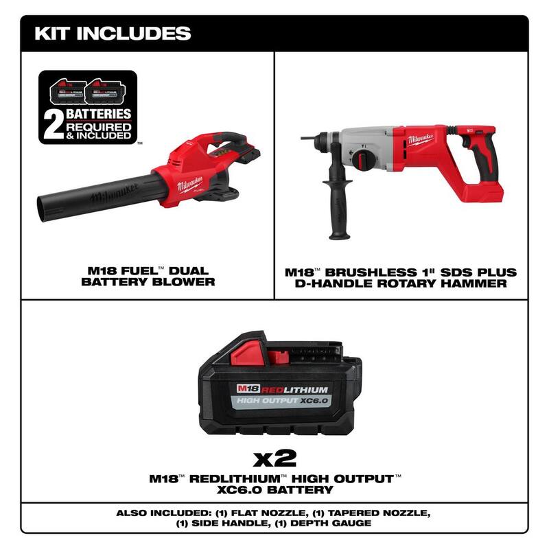 Milwaukee M18 FUEL Dual Battery 145 MPH 600 CFM 18V Cordless Blower w/1 in. SDS-Plus D-Handle Rotary Hammer, (2) 6.0 Ah Batteries - 2824-20-2613-20-48-11-1862