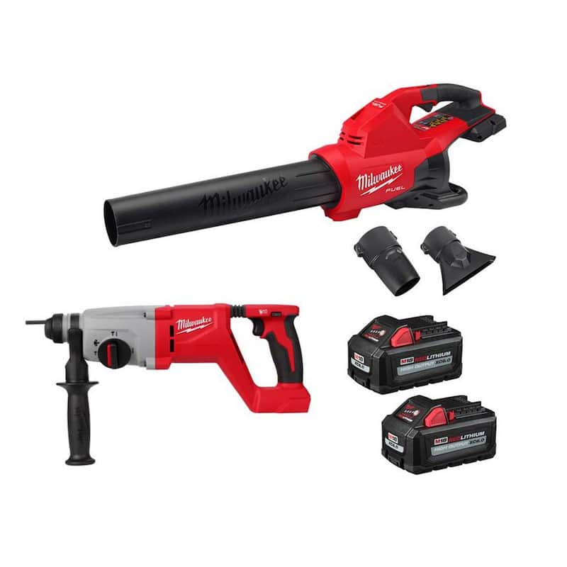 Milwaukee M18 FUEL Dual Battery 145 MPH 600 CFM 18V Cordless Blower w/1 in. SDS-Plus D-Handle Rotary Hammer, (2) 6.0 Ah Batteries - 2824-20-2613-20-48-11-1862