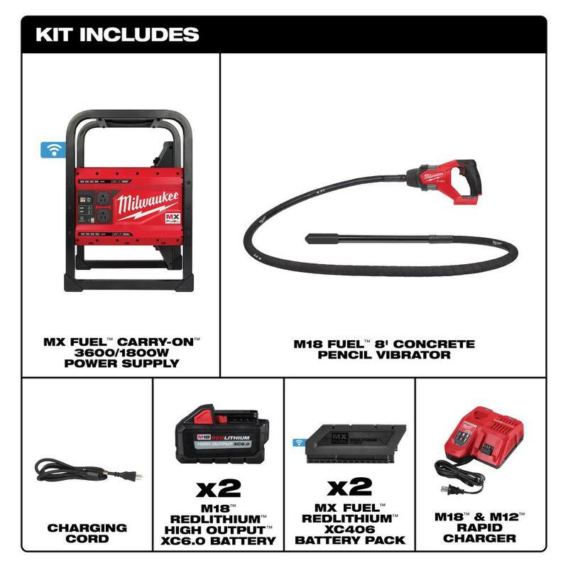 Milwaukee MX FUEL 3600-Watt/1800-Watt Battery Powered Push Start Generator with M18 FUEL 8 ft. Concrete Pencil Vibrator Kit - MXF002-2XC-2911-21