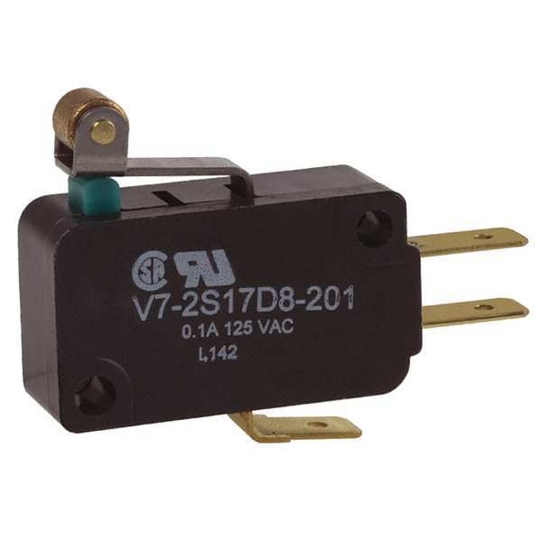 Interruptor de acción rápida en miniatura Honeywell, palanca, rodillo, actuador corto, SPDT, calificación de contacto de 0.1A @ 120V CA - V7-2S17D8-201