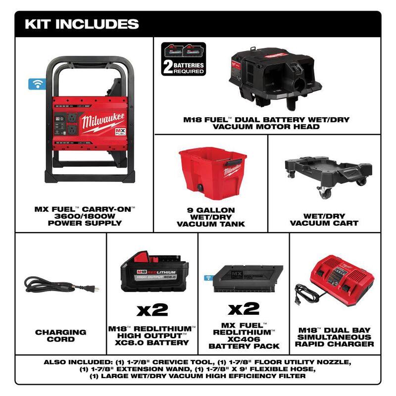 Milwaukee MX FUEL 3600-Watt/1800-Watt Battery Powered Push Start Generator with M18 FUEL 9 Gal. Cordless Wet/Dry Shop Vacuum Kit - MXF002-2XC-0920-22HD