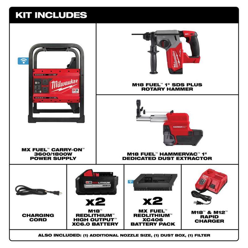 Milwaukee MX FUEL 3600-Watt/1800-Watt Batt Powered Push Start Generator W/M18 FUEL 1 in. SDS-Plus Rotary Hammer/Dust Extractor Kit - MXF002-2XC-2912-22DE