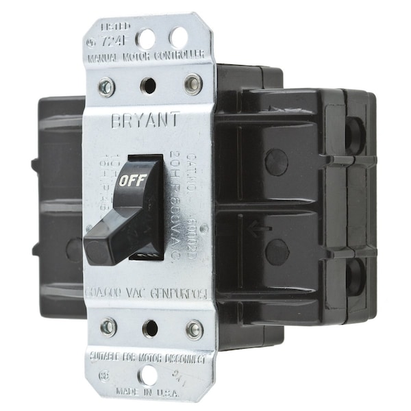Interruptor de palanca Bryant, controladores de motor manuales, doble polo, 60A 600V AC, conexión lateral solamente, negro - 60002D
