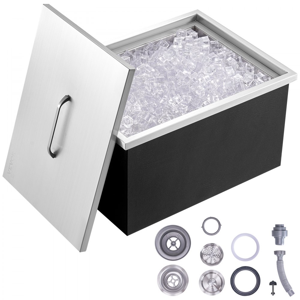VEVOR Drop in Ice Chest, 20"L x 14"W x 12"H Stainless Steel Ice Cooler, Commercial Ice Bin with Cover, 40 qt Outdoor Kitchen Ice Bar, Drain-pipe and Drain Plug Included, for Cold Wine Beer - QRSCBCGG20LX8K24PV0