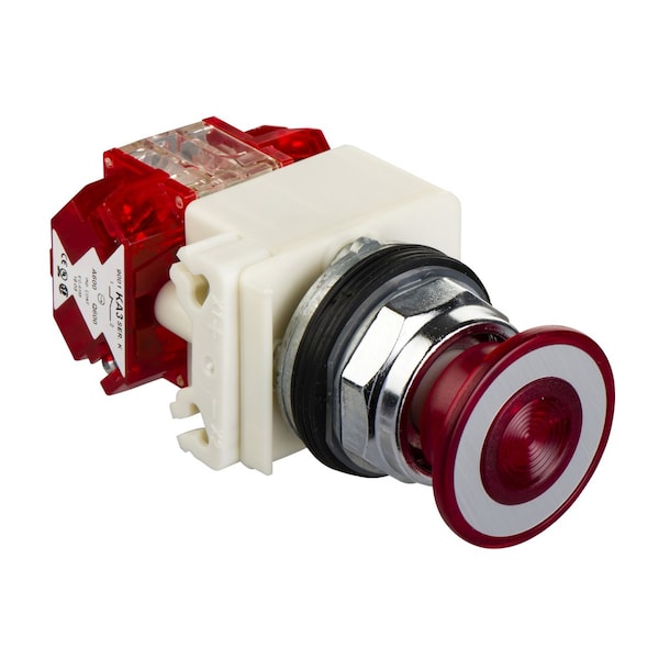 Botón pulsador iluminado de Schneider Electric, Harmony 9001K, de metal, con enchapado tipo hongo de 41mm, color rojo, de 30mm, con 2 posiciones, tipo empuje-tiro, 120V, 1 NC retardado + 1 NC - 9001KR9P38RH25.