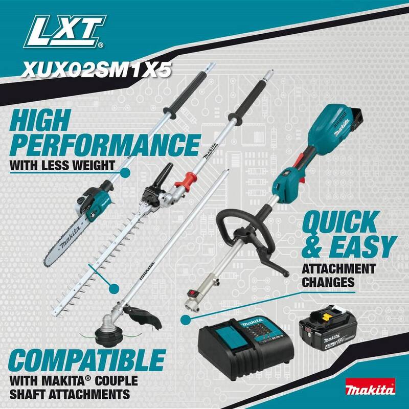 Makita 18V LXT Brushless Couple Shaft Power Head Kit w/String Trimmer, Pole Saw & Articulating Hedge Trimmer Attachments 4.0Ah - XUX02SM1X5