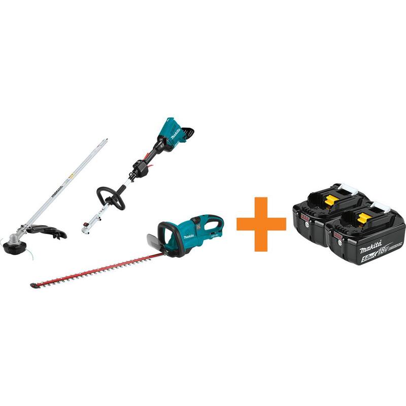 Makita 18V X2 (36V) LXT Brushless Power Head with Trimmer Attachment and LXT Hedge Trimmer w/Bonus 18V LXT 2Pk Battery 5.0Ah - XUX01ZM5B185H4Z