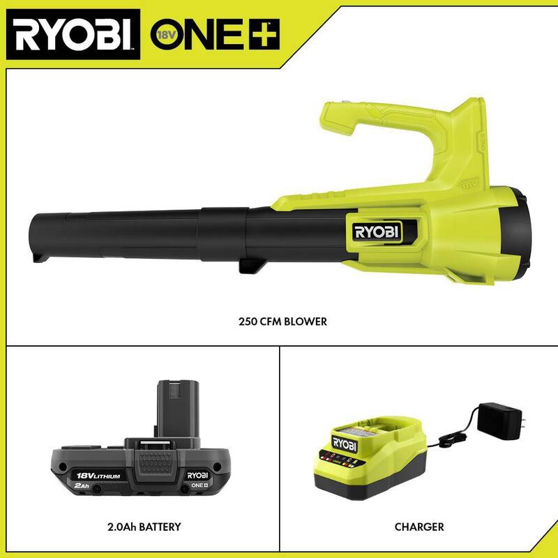 RYOBI ONE+ 18V 90 MPH 250 CFM Cordless Battery Leaf Blower/Sweeper with 2.0 Ah Battery and Charger - P21011K