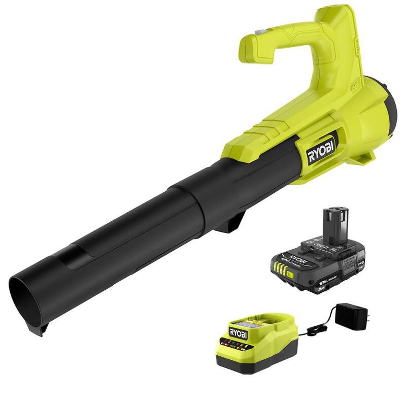 RYOBI ONE+ 18V 90 MPH 250 CFM Cordless Battery Leaf Blower/Sweeper with 2.0 Ah Battery and Charger - P21011K