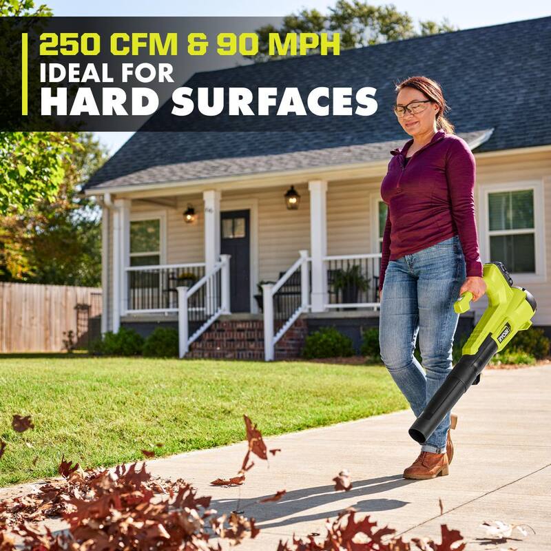 RYOBI ONE+ 18V 90 MPH 250 CFM Cordless Battery Leaf Blower/Sweeper with 2.0 Ah Battery and Charger - P21011K