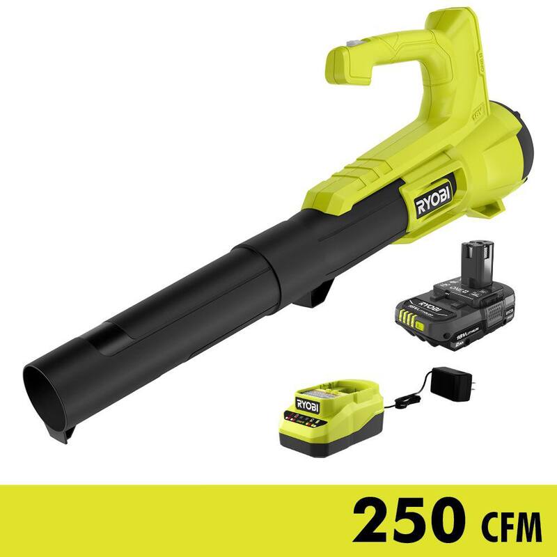 RYOBI ONE+ 18V 90 MPH 250 CFM Cordless Battery Leaf Blower/Sweeper with 2.0 Ah Battery and Charger - P21011K