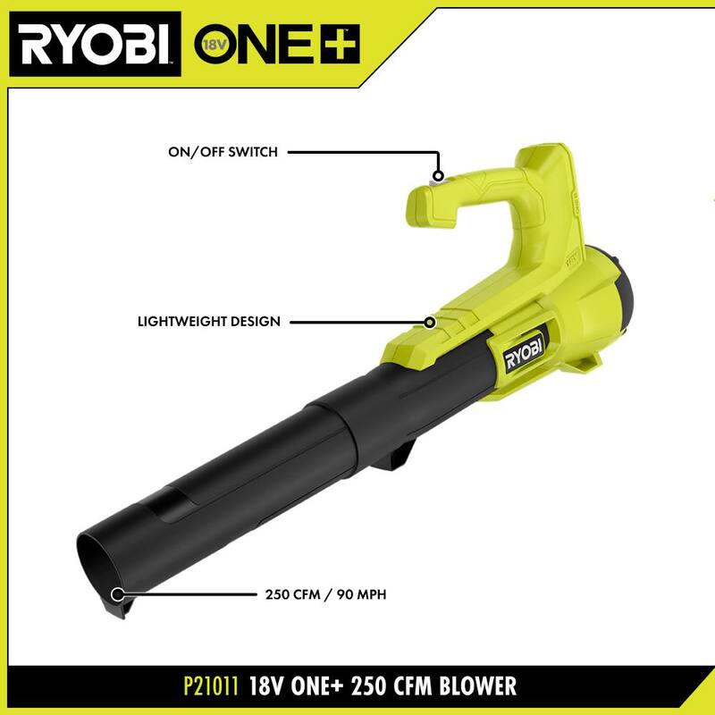 RYOBI ONE+ 18V 90 MPH 250 CFM Cordless Battery Leaf Blower/Sweeper with 2.0 Ah Battery and Charger - P21011K
