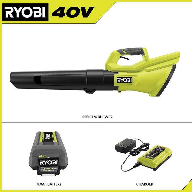 RYOBI 40V 120 MPH 550 CFM Cordless Battery Blower With 4.0 Ah Battery and Charger - RY40LB01K
