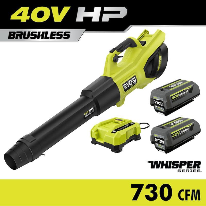 RYOBI 40V HP Brushless Whisper Series 190 MPH 730 CFM Cordless Battery Jet Fan Leaf Blower with (2) 4.0 Ah Batteries & Charger - RY404100