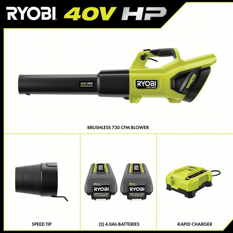 RYOBI 40V HP Brushless Whisper Series 190 MPH 730 CFM Cordless Battery Jet Fan Leaf Blower with (2) 4.0 Ah Batteries & Charger - RY404100
