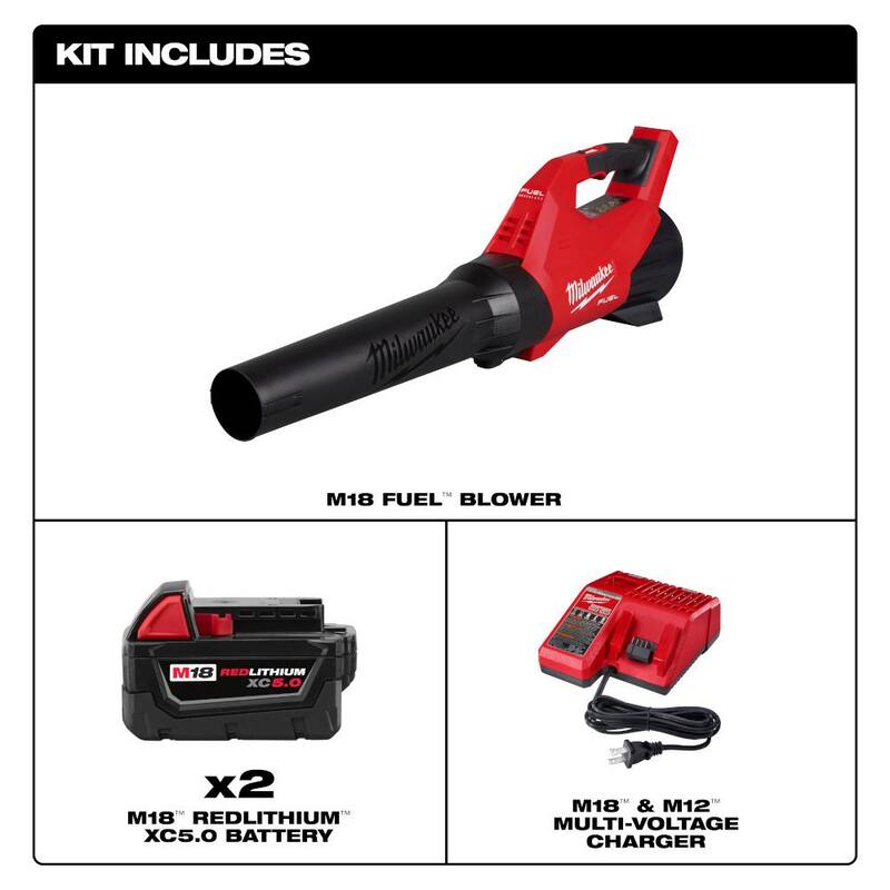 Milwaukee M18 FUEL 120 MPH 500 CFM 18V Brushless Cordless Battery Powered Leaf Blower with Two 5.0Ah Batteries and Charger - 3017-20-48-59-1852B