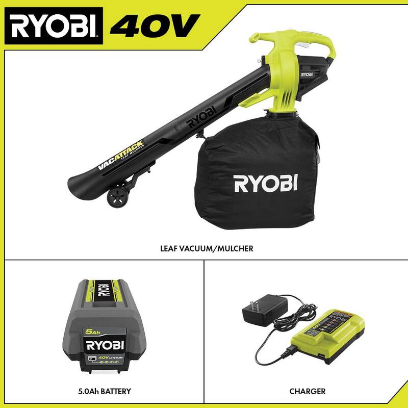RYOBI 40V Vac Attack Cordless Leaf Vacuum/Mulcher with 5.0 Ah Battery and Charger - RY40451