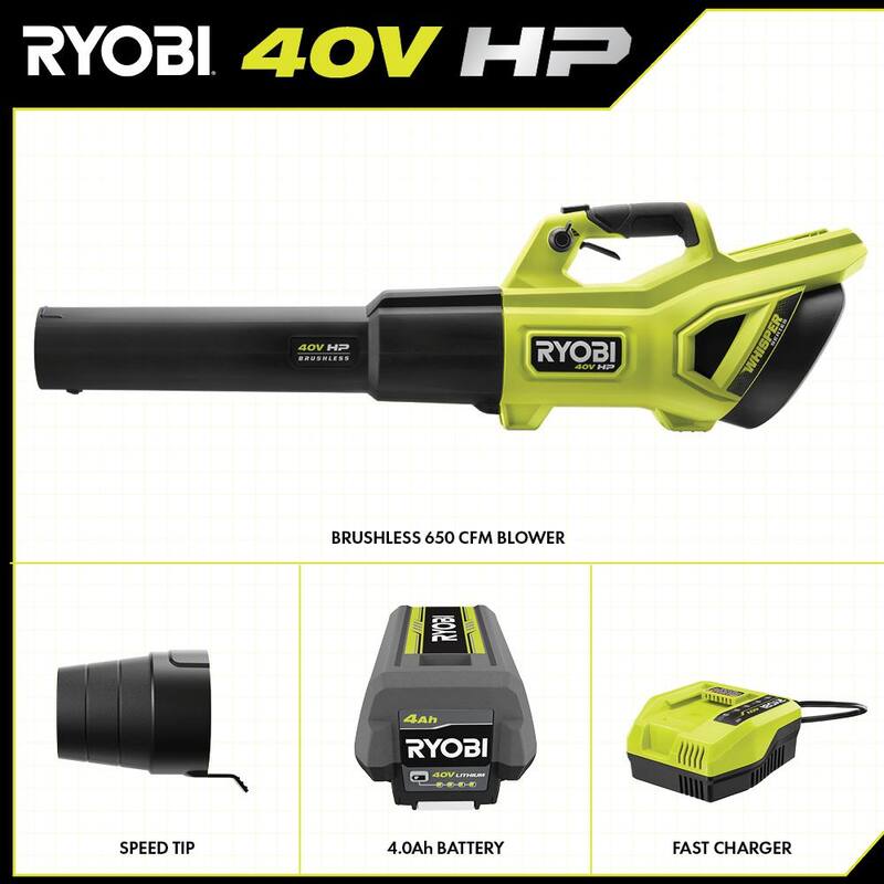 RYOBI 40V HP Brushless Whisper Series 160 MPH 650 CFM Cordless Battery Leaf Blower with 4.0 Ah Battery and Charger - RY404014K