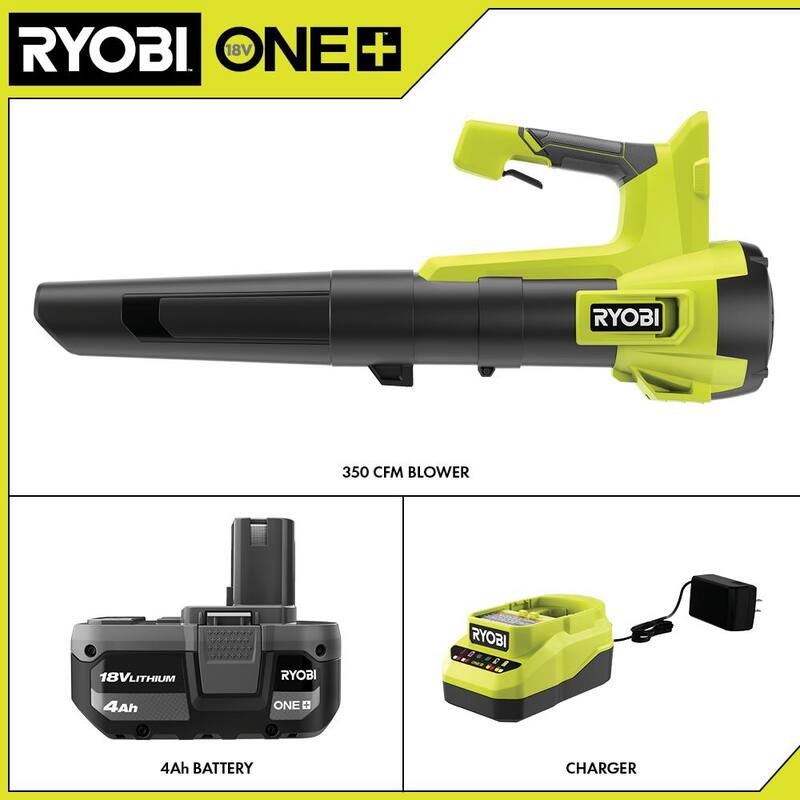 RYOBI ONE+ 18V 100 MPH 350 CFM Cordless Battery Variable Speed Jet Fan Leaf Blower with 4.0 Ah Battery and Charger - PCLLB01K