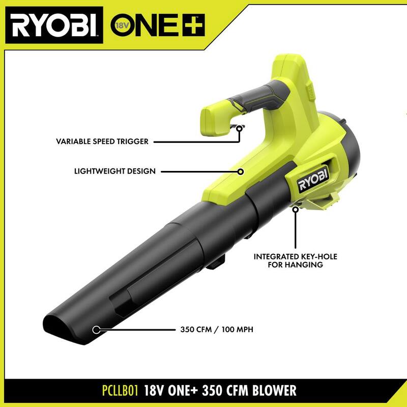 RYOBI ONE+ 18V 100 MPH 350 CFM Cordless Battery Variable Speed Jet Fan Leaf Blower with 4.0 Ah Battery and Charger - PCLLB01K