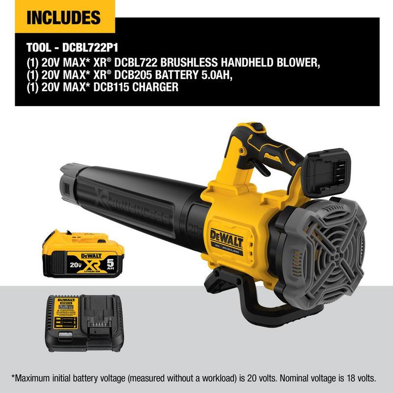 DEWALT 20V MAX 125 MPH 450 CFM Brushless Cordless Battery Powered Blower Kit with (1) 5 Ah Battery & Charger - DCBL722P1