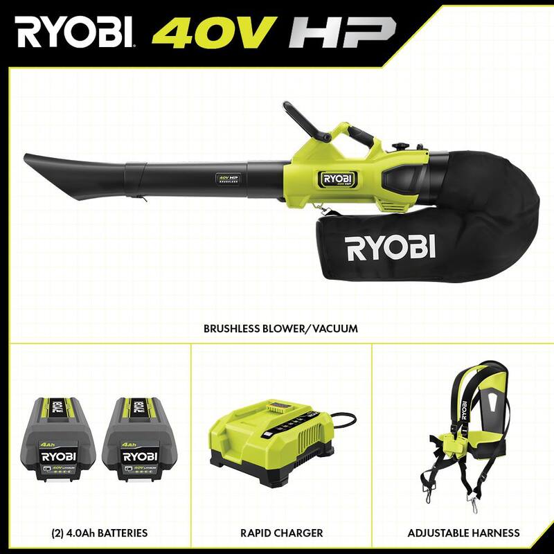 RYOBI 40V HP Brushless 100 MPH 600 CFM Cordless Leaf Blower/Mulcher/Vacuum with (2) 4.0 Ah Batteries and Charger - RY404150