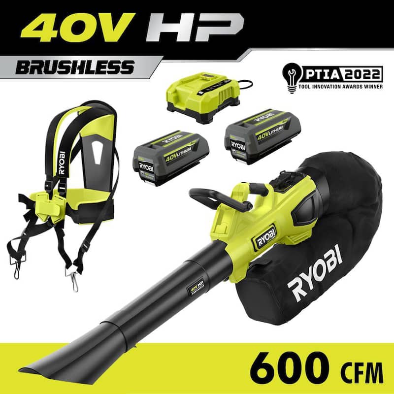 RYOBI 40V HP Brushless 100 MPH 600 CFM Cordless Leaf Blower/Mulcher/Vacuum with (2) 4.0 Ah Batteries and Charger - RY404150