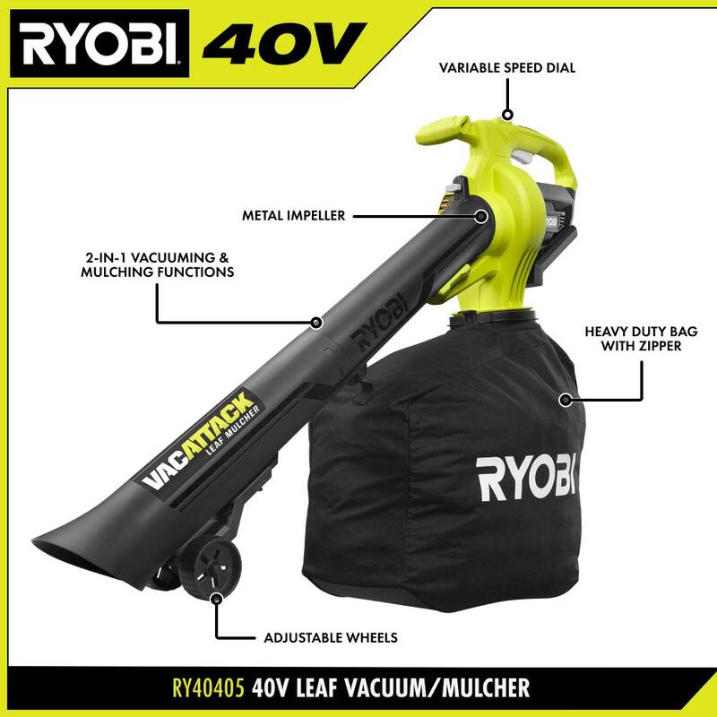 RYOBI 40V Vac Attack Cordless Battery Leaf Vacuum/Mulcher (Tool Only) - RY40405BTL