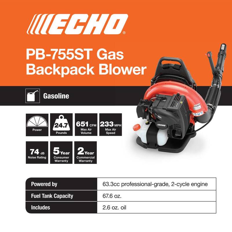 ECHO 233 MPH 651 CFM 63.3cc Gas 2-Stroke Backpack Leaf Blower with Tube Throttle - PB-755ST