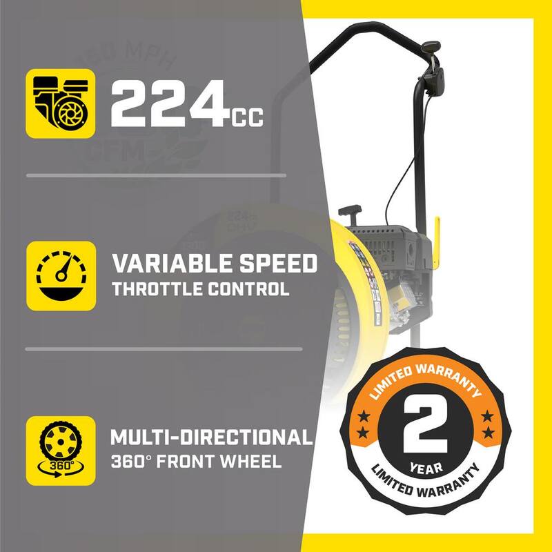 Champion Power Equipment 160 MPH 1300 CFM 224 cc Walk-Behind Gas Leaf Blower with Swivel Front Wheel and 90-Degree Flow Diverter - 200947