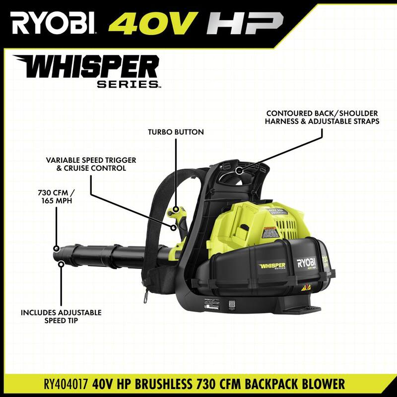 RYOBI 40V HP Brushless Whisper Series 165 MPH 730 CFM Cordless Battery Backpack Blower with (2) 6.0 Ah Batteries and Charger - RY404170