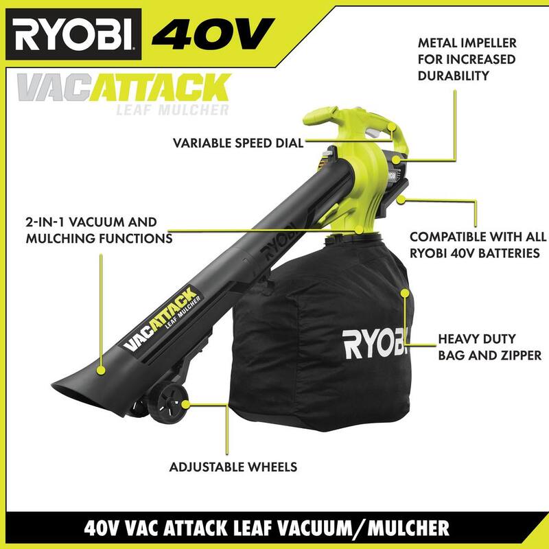 RYOBI 40V Vac Attack Cordless Leaf Vacuum/Mulcher and Lawn and Leaf Bag with 5.0 Ah Battery and Charger - RY40451-LB