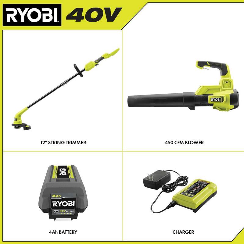 RYOBI 40V Cordless Battery 12 in. String Trimmer and 450 CFM 120 MPH Blower Combo Kit 2-Tools with 4.0 Ah Battery and Charger - RY40970VNM
