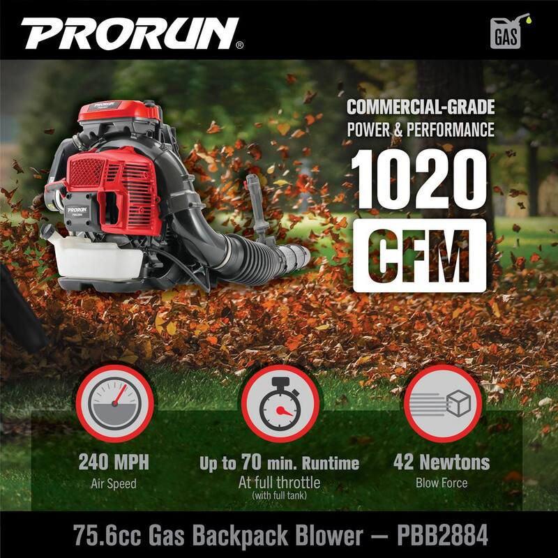 PRORUN 76cc 1020 CFM 240 MPH 2-Cycle Gas-Powered Backpack Leaf Blower - PBB2884