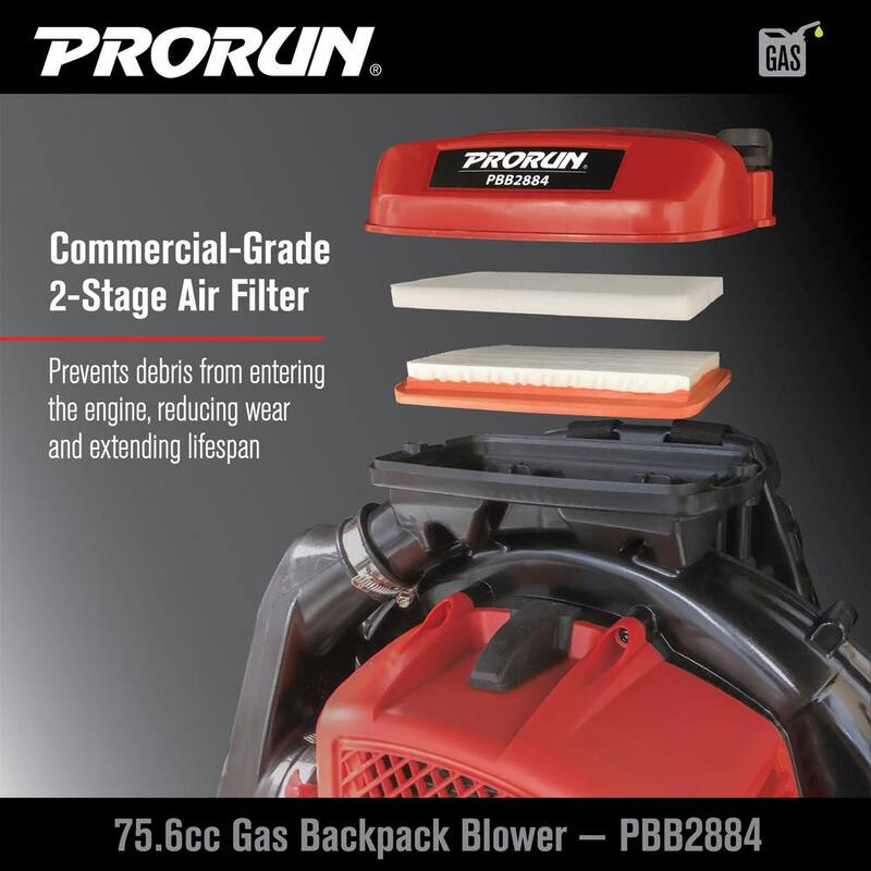 PRORUN 76cc 1020 CFM 240 MPH 2-Cycle Gas-Powered Backpack Leaf Blower - PBB2884