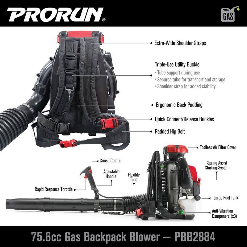 PRORUN 76cc 1020 CFM 240 MPH 2-Cycle Gas-Powered Backpack Leaf Blower - PBB2884
