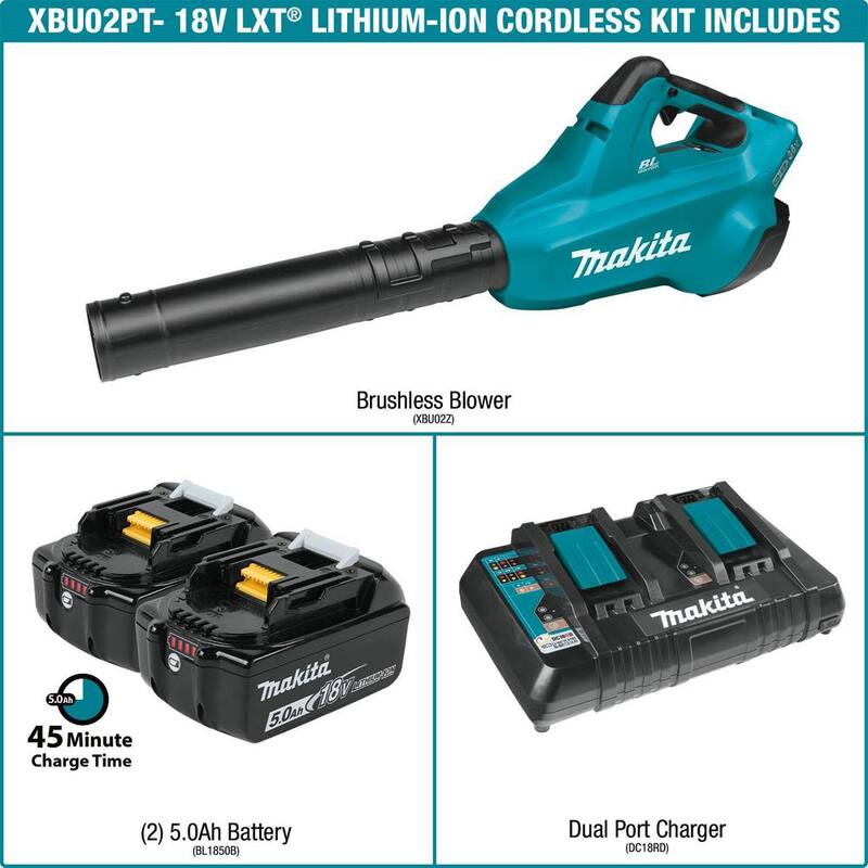 Makita 120 MPH 473 CFM 18V X2 (36V) LXT Lithium-Ion Brushless Cordless Leaf Blower Kit with 2 Batteries 5.0Ah and Charger - XBU02PT