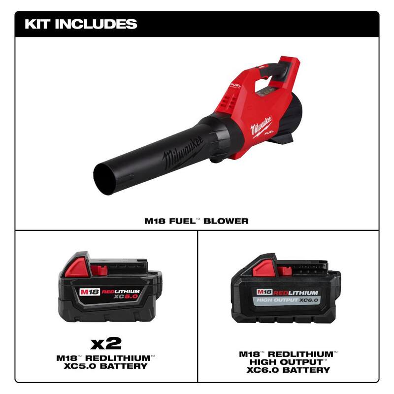Milwaukee M18 FUEL 18V 120 MPH 500 CFM Brushless Cordless Leaf Blower w/M18 (1) High Output 6.0Ah Battery and (2) 5.0Ah Battery - 3017-20-48-11-1856
