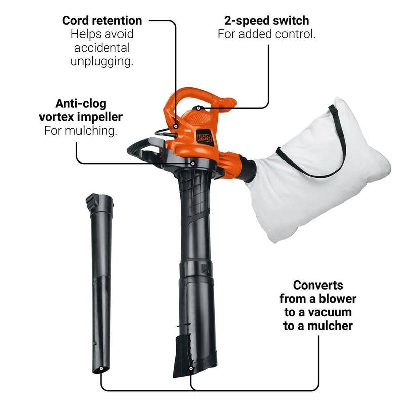 BLACK+DECKER 12 AMP 230 MPH 385 CFM Corded Electric 3-In-1 Handheld Leaf Blower, Vacuum & Mulcher with Tool Free Switchover - BV3600