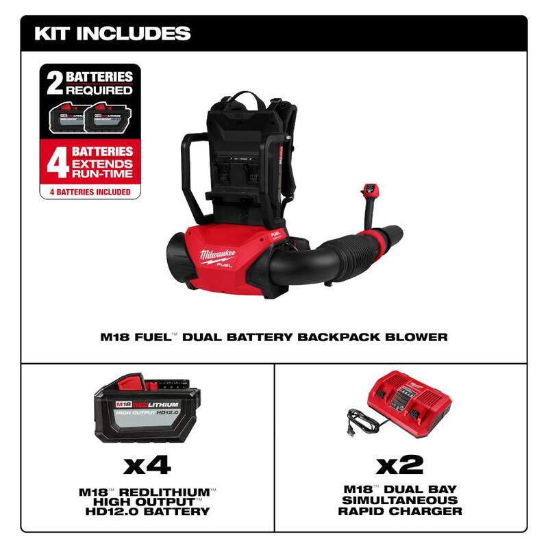Milwaukee M18 FUEL 155 MPH 650 CFM 18V Brushless Cordless Dual Battery Backpack Blower Kit w/(4) 12.0 Ah Batteries, (2) Chargers - 3009-24HD