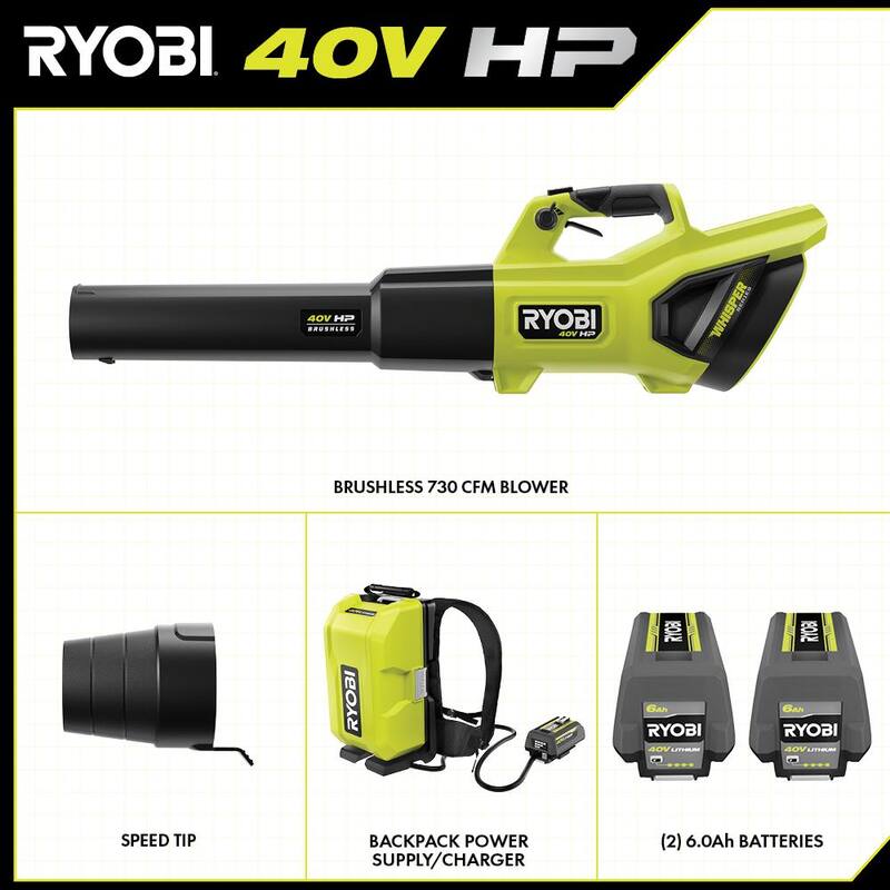 RYOBI 40V HP Brushless Whisper Series 190 MPH 730 CFM Blower and Backpack Battery w/ (2) 6.0 Ah Batteries & Charger - RY404180