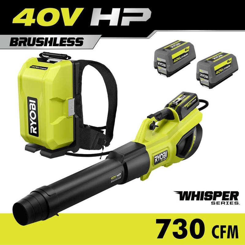RYOBI 40V HP Brushless Whisper Series 190 MPH 730 CFM Blower and Backpack Battery w/ (2) 6.0 Ah Batteries & Charger - RY404180