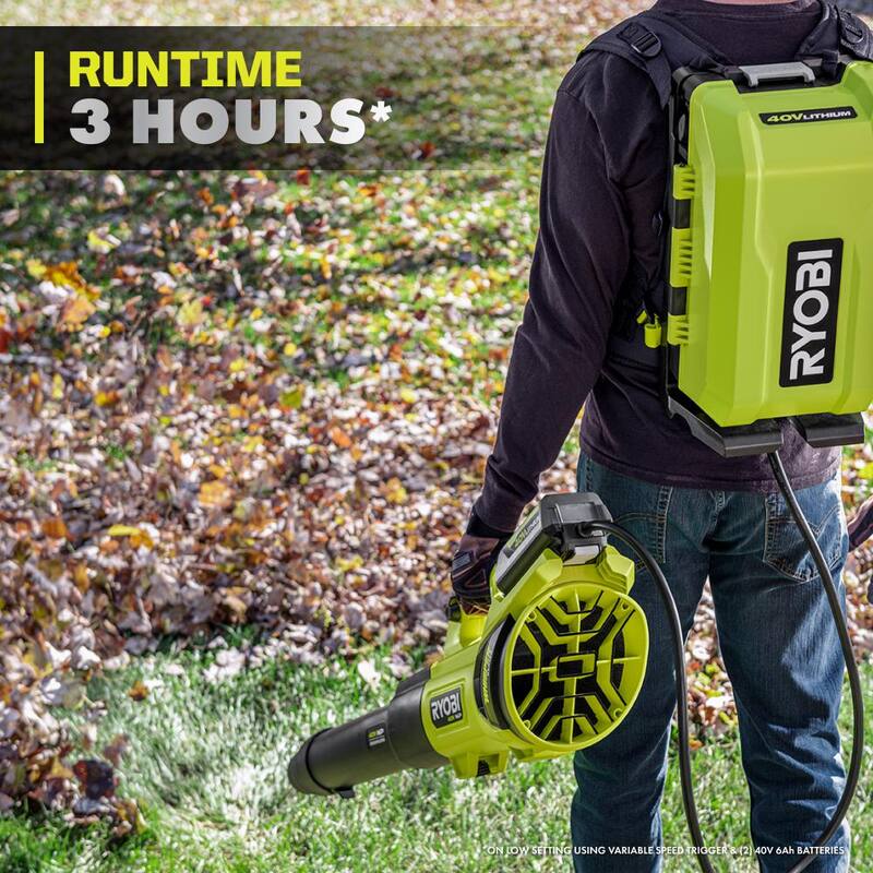 RYOBI 40V HP Brushless Whisper Series 190 MPH 730 CFM Blower and Backpack Battery w/ (2) 6.0 Ah Batteries & Charger - RY404180
