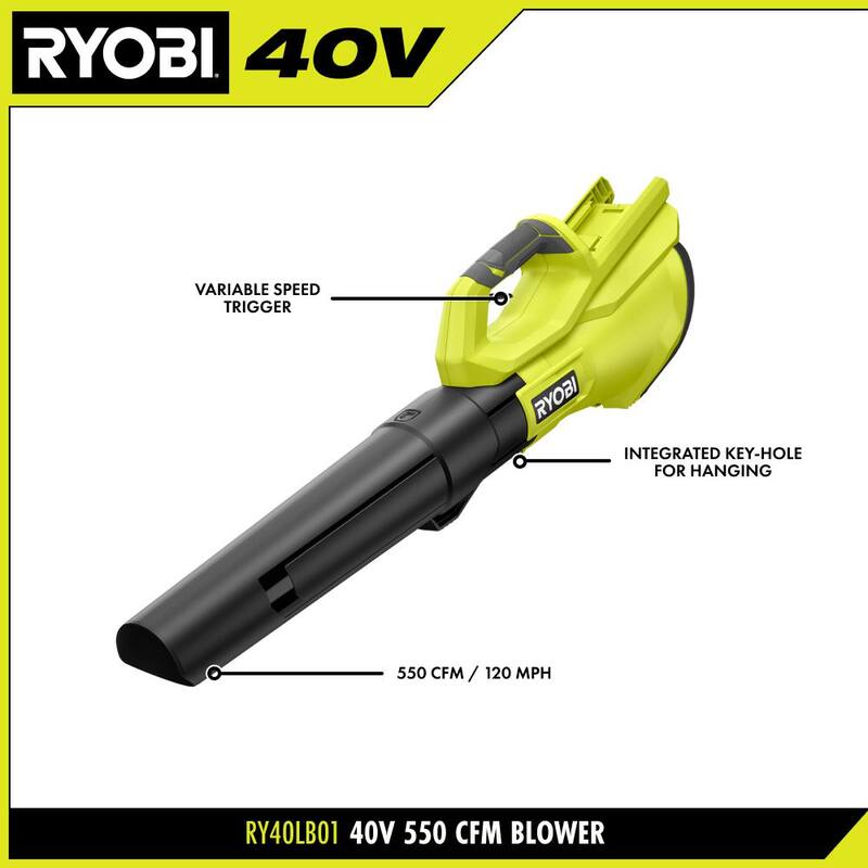 RYOBI 40V 120 MPH 550 CFM Cordless Battery Leaf Blower (Tool Only) - RY40LB01B