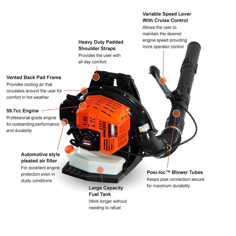ECHO 200 MPH 700 CFM 59.7 cc Gas Low Exhaust Emission Engine Backpack Leaf Blower with Tube-Mounted Throttle - PB-5810T