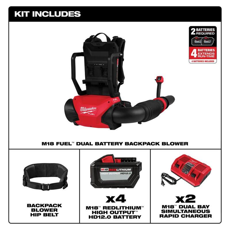 Milwaukee M18 FUEL 155 MPH 650 CFM 18V Brushless Cordless Backpack Blower w/Waist Belt, (4) 12.0 Ah Batteries, 2 Chargers - 3009-24HD-49-16-2798